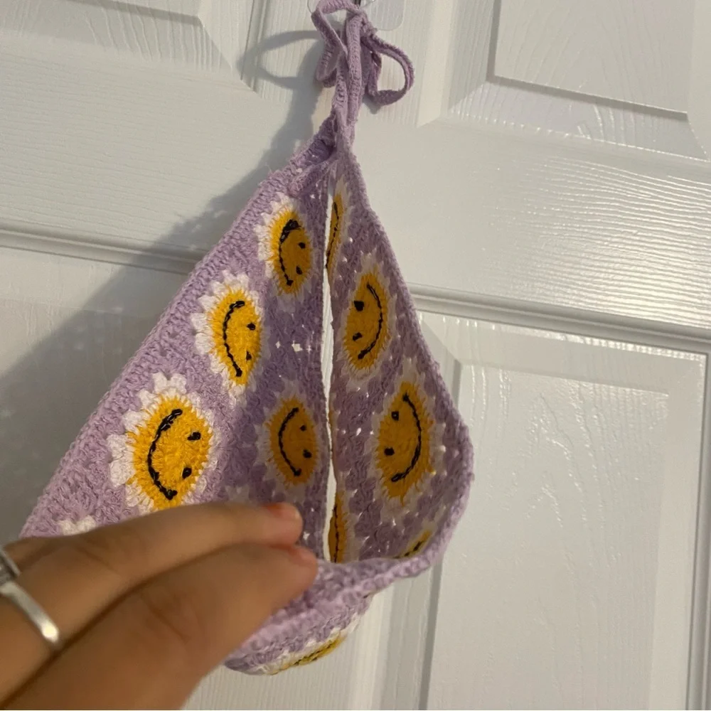 Purple Smiley Open Knit Head Covering String Knot